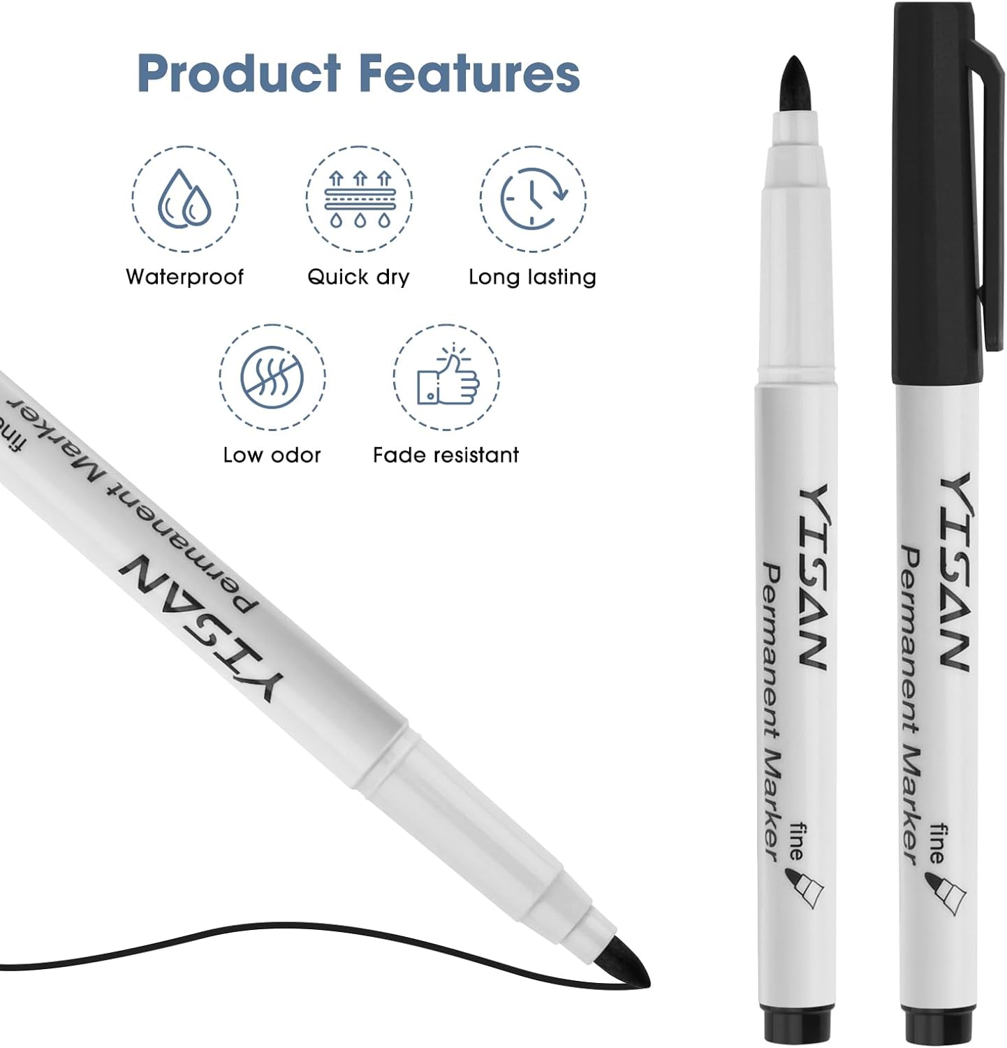 YISAN Permanent Markers,12 Pack Fine Tip Black Permanent Markers,Quick Drying Ink,Works on paper,Plastic,Stone,Glass,Metal,71525
