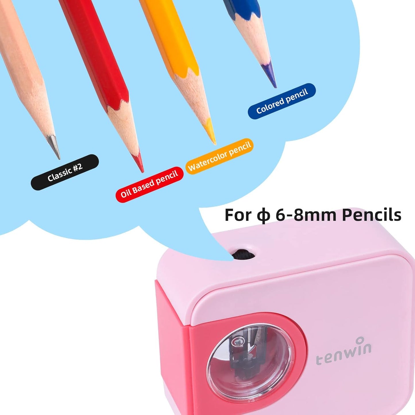tenwin Portable Electric Pencil Sharpener, Pencil Sharpeners Battery Operated, Tungsten Steel Blade to Fast Sharpen, Kids Pocket Sharpener, Fit to 6-8mm No.2/Colored Pencils, School/Office/Home (Blue)