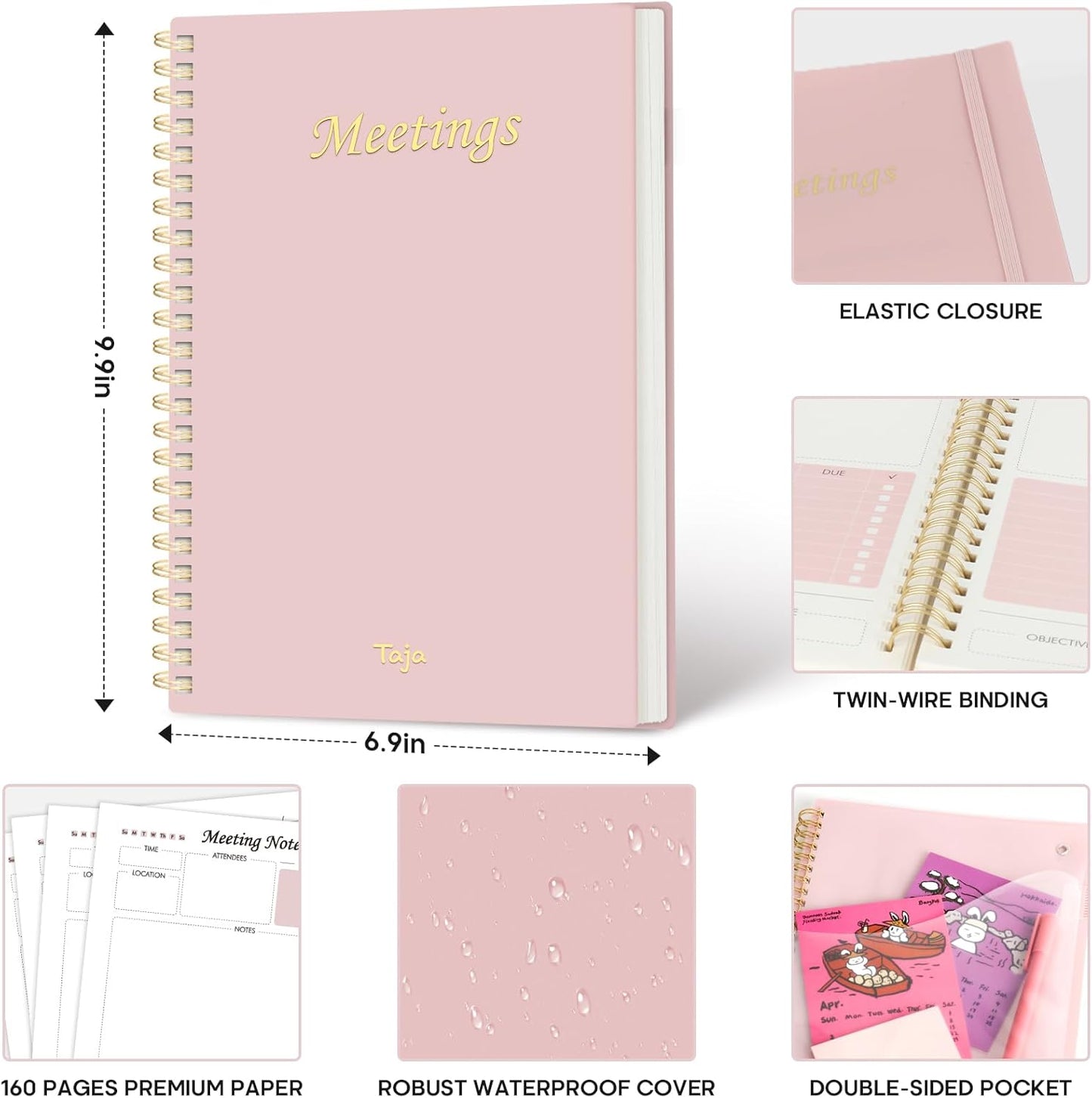 Taja Meeting Notebook for Work Organization - Work Planner Notebook with Action Items, Agenda Planner for Note Taking, 160 Pages (6.9" X 9.9") Project Organizer for Men & Women - Blue