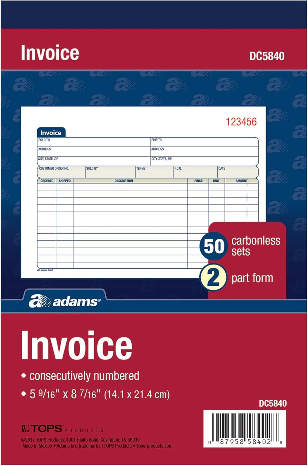 Adams Invoice Book, 2-Part, Carbonless, 5-9/16 x 8-7/16 Inches, 50 Sets per Book (DC5840)