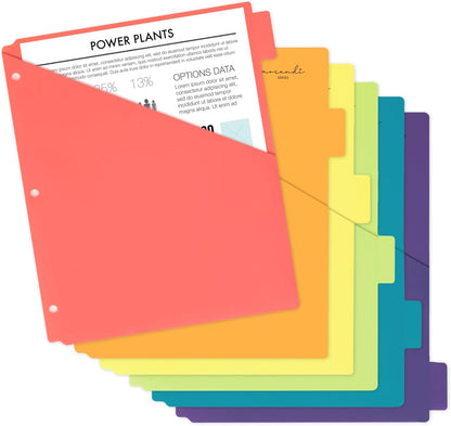H4D 6-Tab Dividers for 3 Ring Binder, Plastic Dividers with Two Pockets, Letter Size, Pastel Colors, 1 Set
