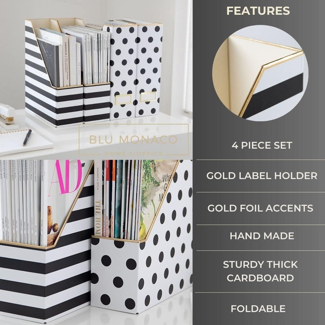 BLU MONACO | Cardboard Magazine File Holder Set of 4 | Vertical Magazine File Holder for Desk and Shelves | Standing File Holder for Classroom School Paper Storage