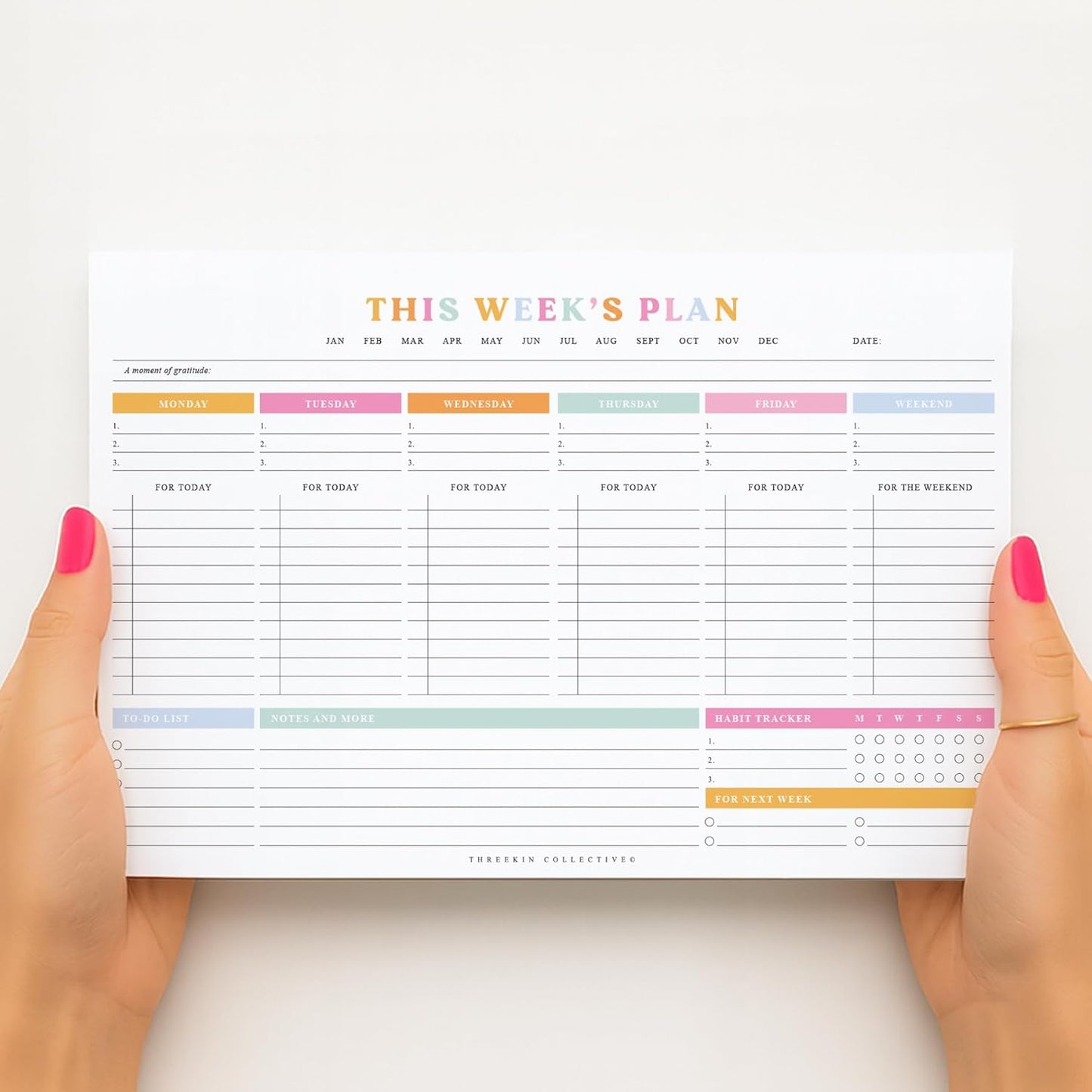 ThreeKin Weekly Planner - Premium 52-Sheet Tear-Off Notepad, 8.5 x 11 inches, Clean Colorful Design, Perfect for Work, School, Projects, and Entrepreneurs, Female & USA Owned Business