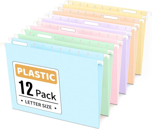 Sooez Tear-Resistant Plastic Hanging File Folders Letter Size, 12 Count File Organizer Suitable for File Cabinet Filing Cabinets, 1/6-cut Adjustable Tabs for Office, School, Pastels Colors, Blue