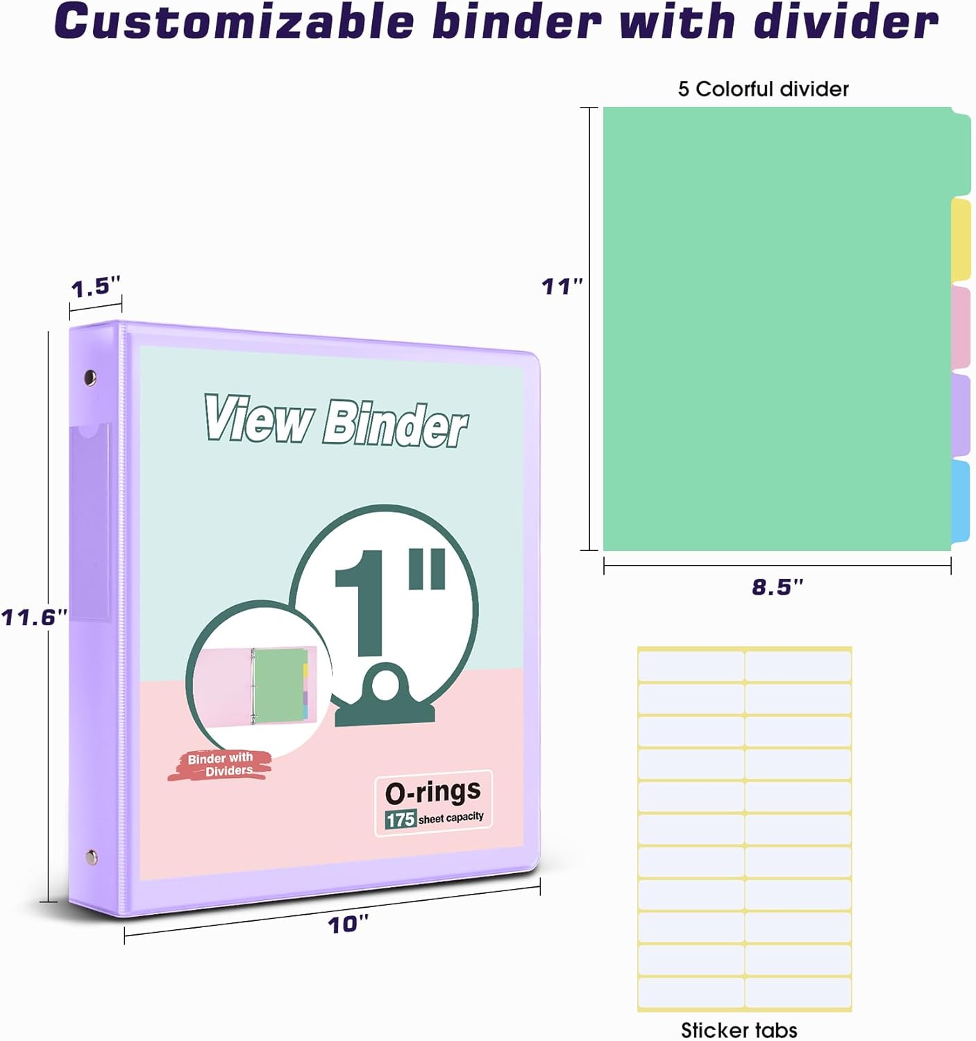 3 Ring Binder 1.5 inch，Cute Binder Organizer with 5 Tab Dividers Fits 175 Sheets of 8.5x11 Paper,Customizable Clear Cover with Inside Pockets,Aesthetic 1.5" Three Ring Binders for School Office,Purple