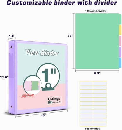 3 Ring Binder 1.5 inch，Cute Binder Organizer with 5 Tab Dividers Fits 175 Sheets of 8.5x11 Paper,Customizable Clear Cover with Inside Pockets,Aesthetic 1.5" Three Ring Binders for School Office,Purple