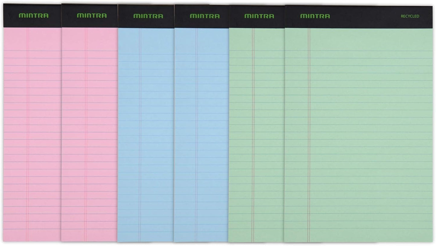 Mintra Office Colorful Legal Pads - Includes 2 Blue, 2 Pink, and, 2 Green Writing Pads, Micro Perforated Lined Sheets, Ideal for Professional & Personal Use, 5"x8" Narrow Ruled, 6 pack Basic Pastel
