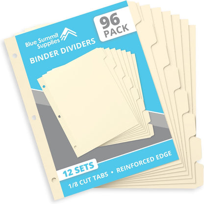 Blue Summit Supplies 3 Ring Binder Dividers with Reinforced Edge, 1/8 Cut Tabs, Letter Size, 3 Hole Punch Section Index Dividers for Binders, Manila, 96 Pack