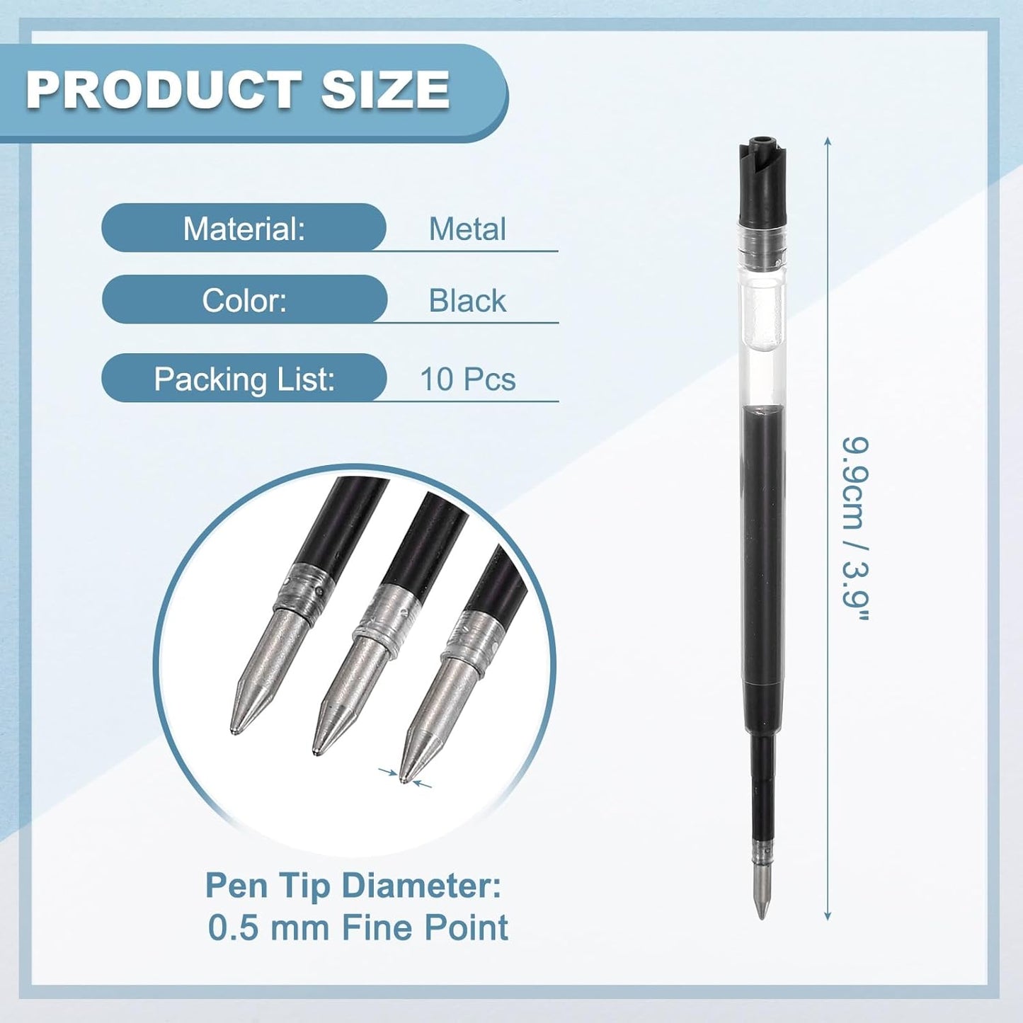PATIKIL 0.5mm Pen Ink Refills, 10 Pcs 3.9" Ballpoint Refill Fine Point Metal Compatible Replaceable Replacement for Retractable Pen Writing Office, Black