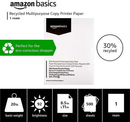 Amazon Basics 30% Recycled Multipurpose Copy & Print Paper, 8.5 x 11 Inches, 20 lb Weight, 92 Bright, White, FSC Certified, 1500 Sheets (3 Reams)