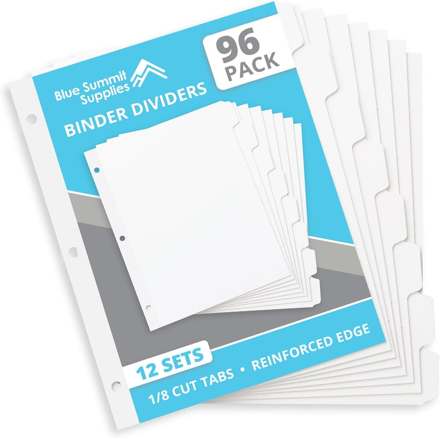 Blue Summit 8 Tab Dividers for 3 Ring Binder, Reinforced Edge, 1/8 Cut, Letter Size, Binder Dividers 8 Tab Bulk for Notebooks, White Index Divider, 12 Sets, 96 Pack