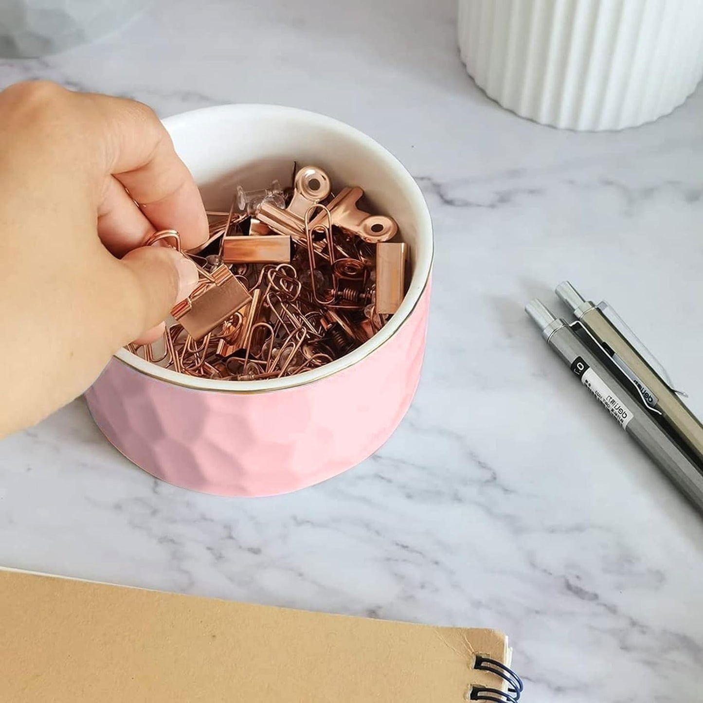 Paper Clip Holder Ceramic Paper Clip Holders Garden Floral Paperclips Holder Dispenser Cute Gold Line Paper Clip Organizer for Desk Binder Clip Holder Bobby Pin Hair Gift for Office Mint Flowers