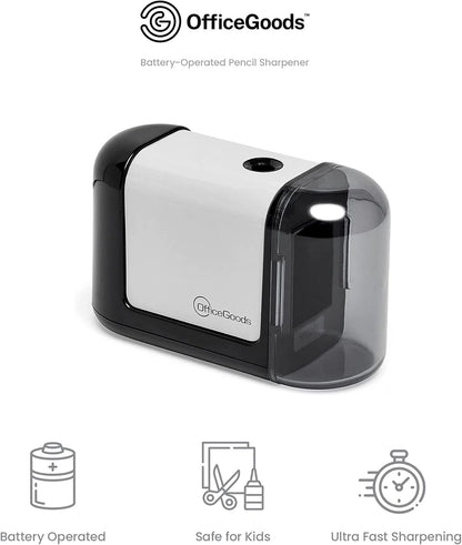 OfficeGoods Mini-Pro Electric Pencil Sharpener - Cordless Portable Sharpener - Battery Operated - Compact & Powerful for Home, Office & School - White