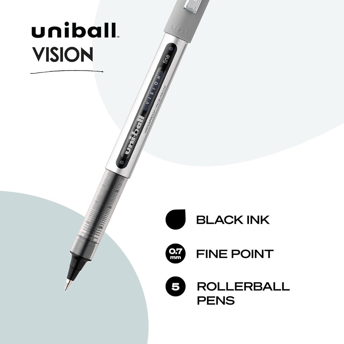 uniball Vision Rollerball Pens, Fine Point (0.7mm), Black, 5 Pack