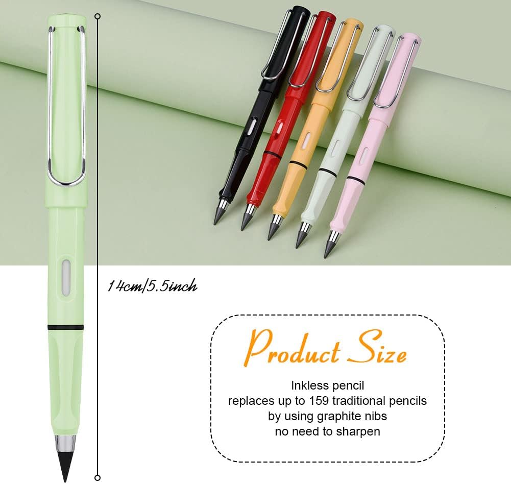 Ainiv Inkless Pencil with Eraser - 5 Sets Infinity Pencil, Reusable with Extra 5 Eraser & 5 Replaceable Nibs for Home, Office & School Writing, Drawing
