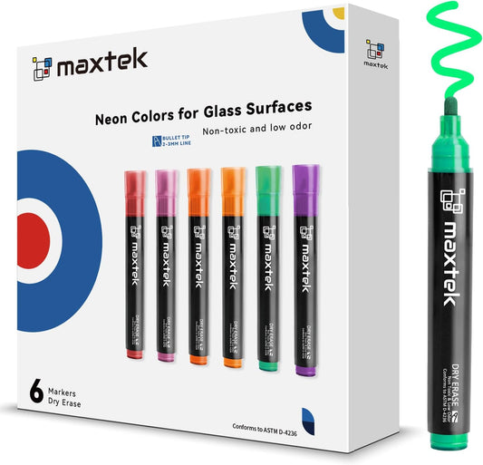 maxtek Neon Dry Erase Markers for Glass,Window Markers for Dry Erase Board,Chalkboard,LED Note Board,Acrylic Refrigerator Calendar,Bullet Tip,Low Odor,Assorted Colors,9 Count