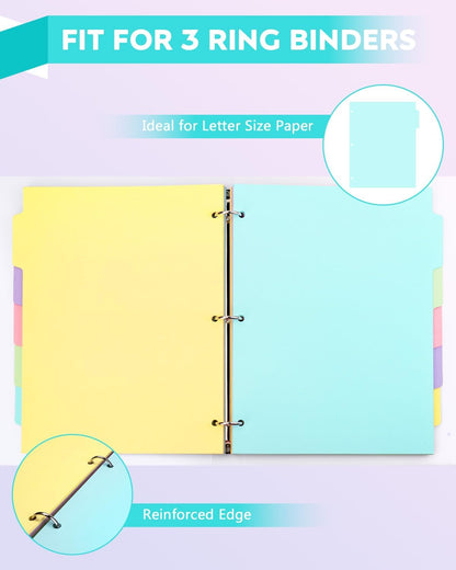 Dynta 3 Ring Binder Dividers with 5 Tabs Bulk 150 Pcs/30 Sets 8.5 x 11 Inches, Letter Size, 5 Colors Durable Paper 3 Hole Punch Index Divider for Kids, Women, Students