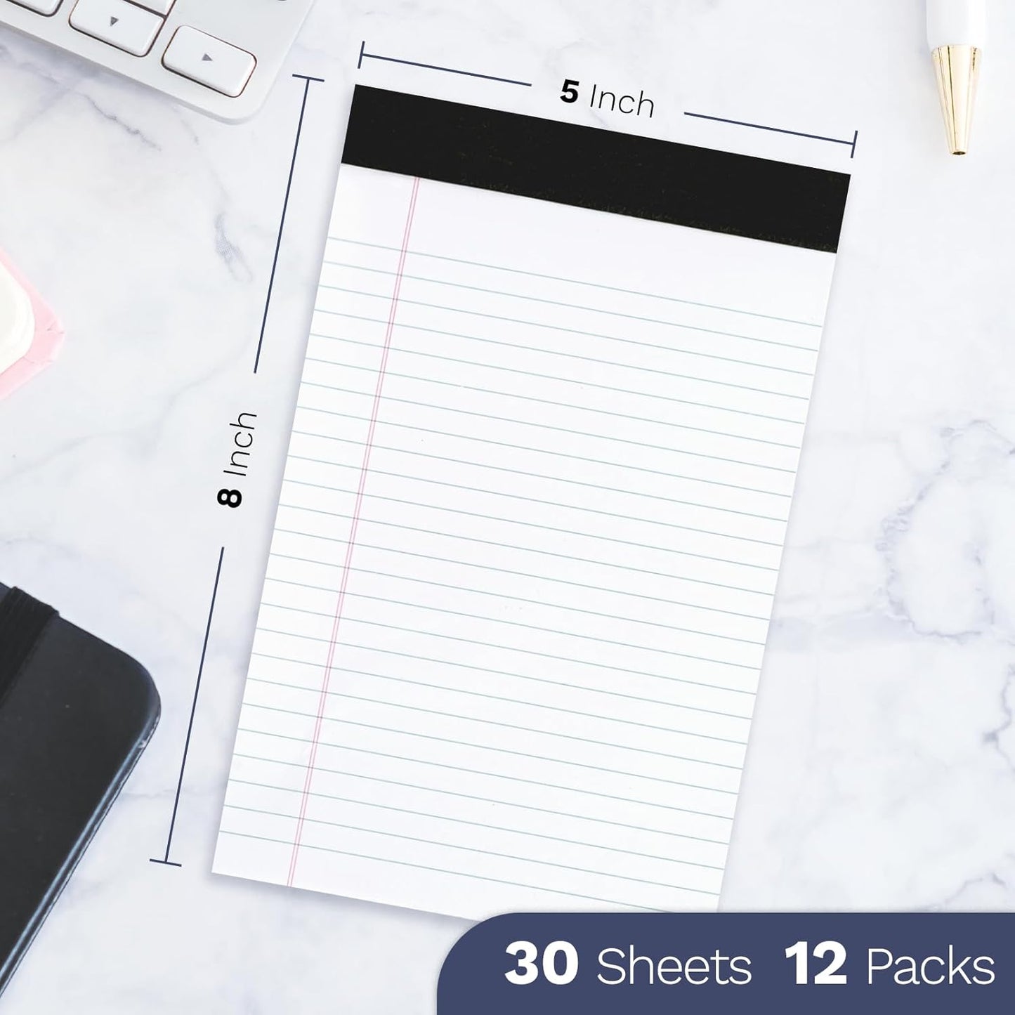Goefun 12 Pack Yellow Note Pads 5x8, Small Legalpads 5x8 Yellow for Office, Perforated College Ruled Writing Pads - 30 Sheets Samll Notepad