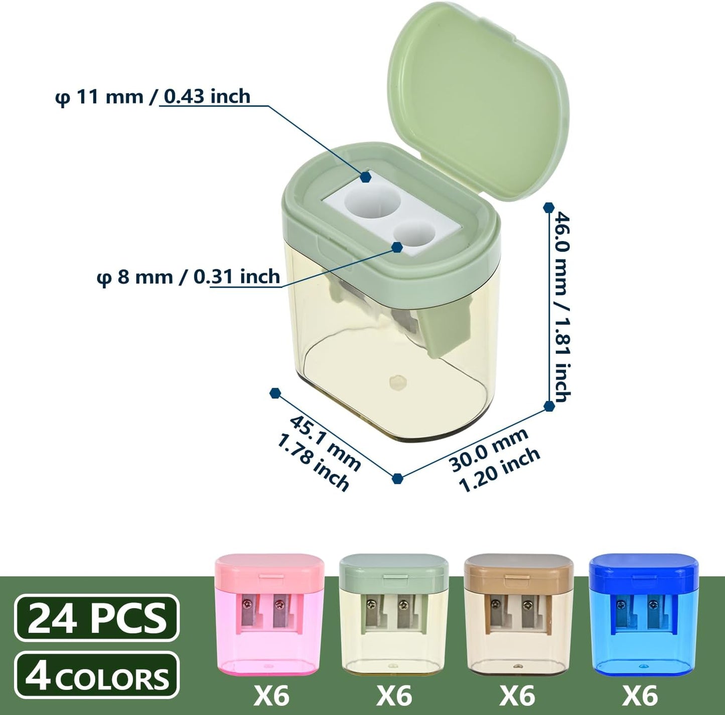 Colored Manual Pencil Sharpeners in Bulk, BOPART 24pcs Small Handheld Pencil Sharpener Dual Holes with Lid for Kids Adults at Classroom School Office Home (24Pcs Sharpeners - D)