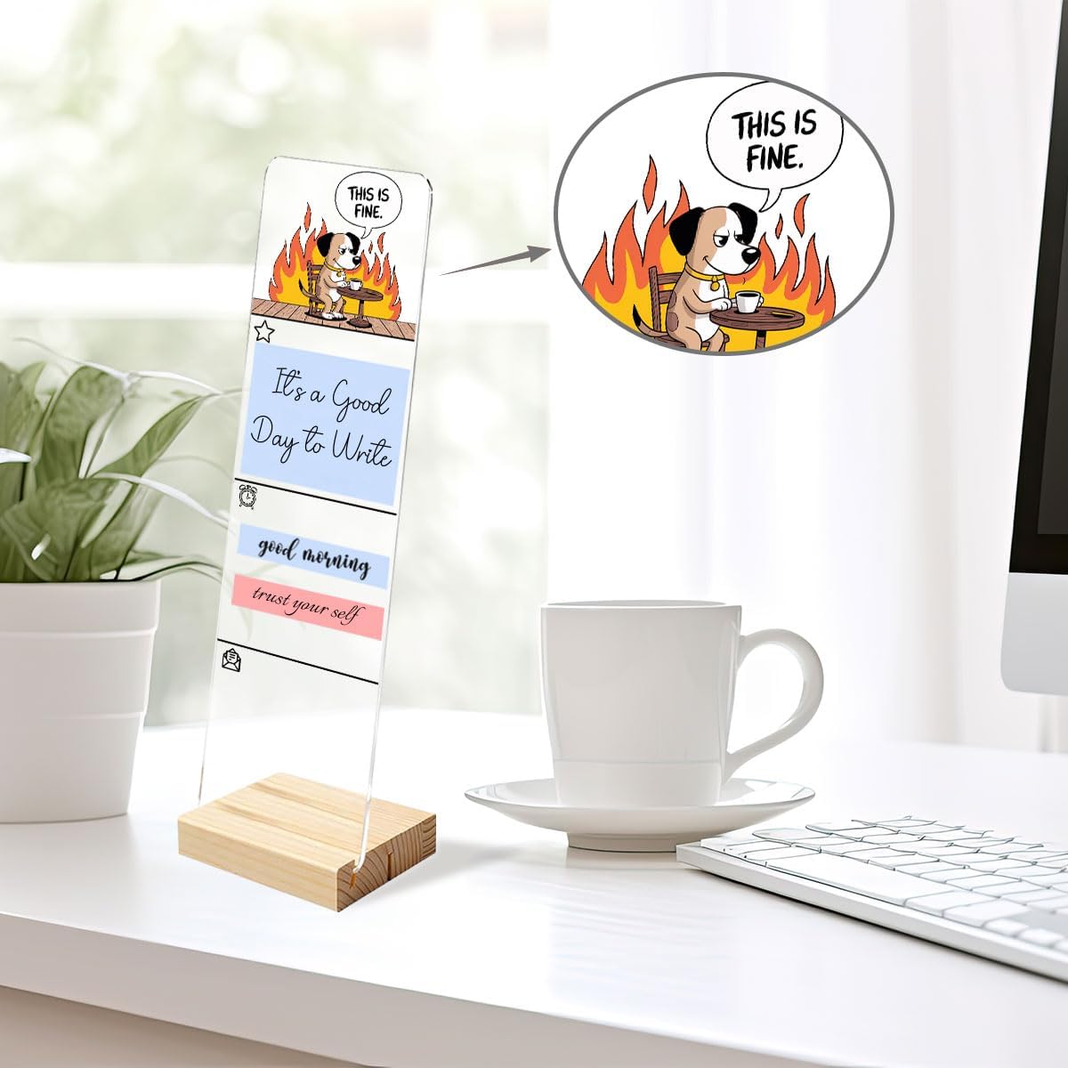 Sticky Notes Monitor Memo Board Acrylic Note Holder with Removable Wooden Base, Everything is Fine Logo Desk Set Includes 200 Sheets Two Sizes Sticky Notes, Office Desk Accessories Organizer
