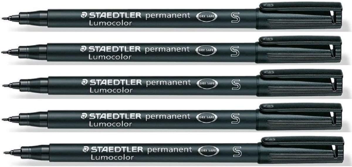 STAEDTLER Lumocolor Black Superfine Permanent Marker Pens Pack Of 5 Waterproof Smudge Resistant Quick Dry Cd Dvd Ohp