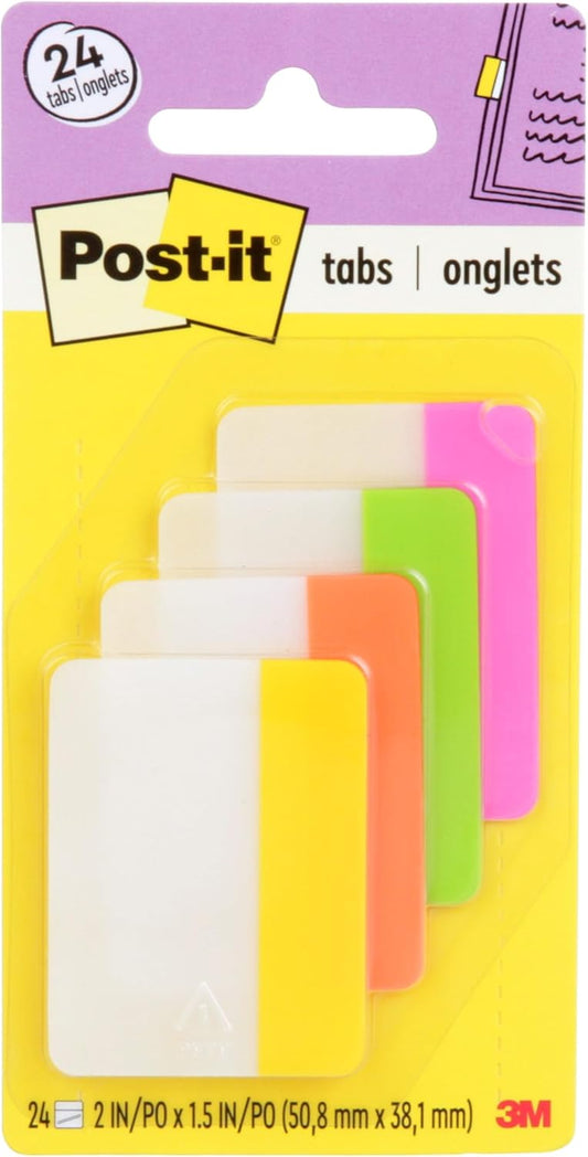 Post-it Sticky Tabs, 2 in. x 1.5 in., 4 Pads of Book Tabs in Assorted Bright Colors for Bookmarking, Annotating, Reading, and Reminders, Yellow, Pink, Orange, and Green Colors (24 Total Count)