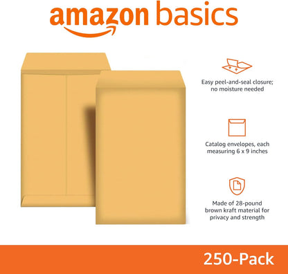 Amazon Basics Catalog Mailing Envelopes, Peel and Seal, 9" x 12", Brown Kraft, 100-Pack