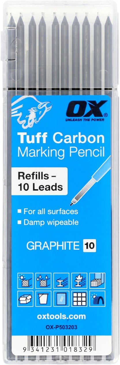 OX Tools 2.88 mm Tuff Carbon Marking Carpenter Pencil Lead Refills – 10 Pack Break Resistant Graphite Replacements for Construction, Woodworking & Deep‑Hole Mechanical Pencils