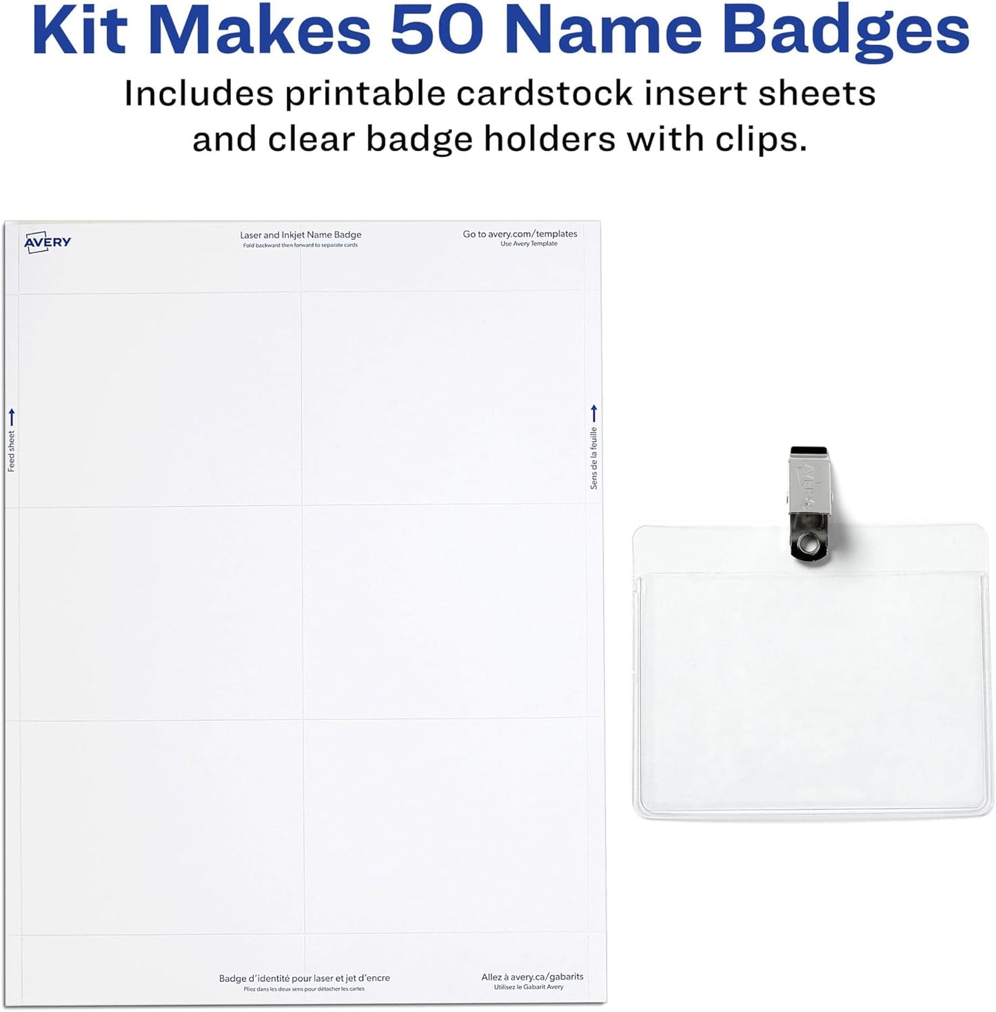 Avery Customizable Name Badges, Clip Style, 3" x 4", Clear Name Tag Holders, White Laser/Inkjet Printable Inserts, 100 Total (74541)