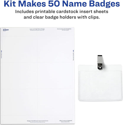 Avery Customizable Name Badges, Clip Style, 3" x 4", Clear Name Tag Holders, White Laser/Inkjet Printable Inserts, 100 Total (74541)