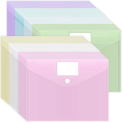 EOOUT 30 Pack 10 Color Plastic Envelopes Poly Envelopes, Hook & Loop Closure File Folders Clear Document Folders File Envelopes with Label Pocket A4 Size