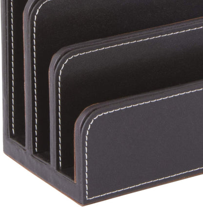 OSCO Black Faux Leather Letter Holder | Mail Sorter | Post Rack | Envelope Organiser | Document Stand | Desk File Storage | Display Slots | H14 x W17.5 D10 cm |