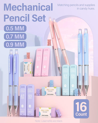 Four Candies Cute Mechanical Pencils 0.7mm, Pencil Set with 360PCS Lead Refills & Pastel Erasers, School Supplies with Case