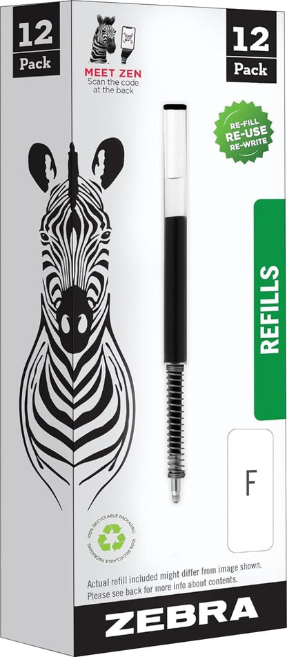 Zebra Pen Ballpoint F-Refills For F-301, F-301 Ultra & 301 A Pens, Fine Point, 0.7 mm, Black, 12 pack