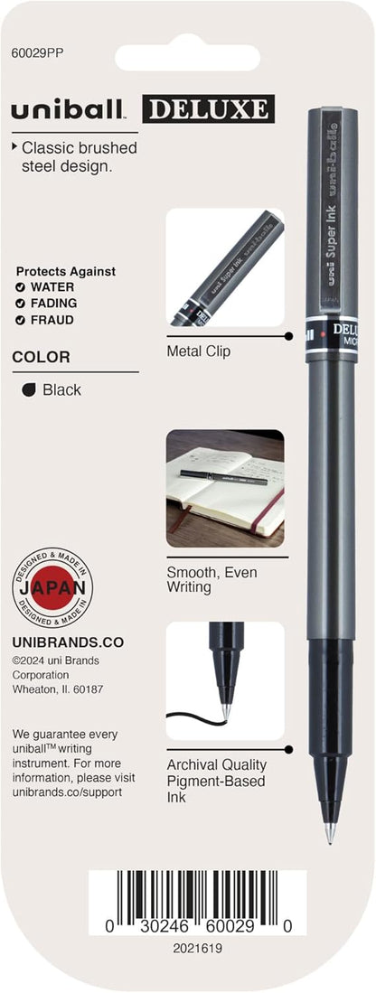 uni-ball® Deluxe Rollerball Pens, Micro Point, 0.5 mm, Graphite Barrel, Black Ink, Pack Of 3