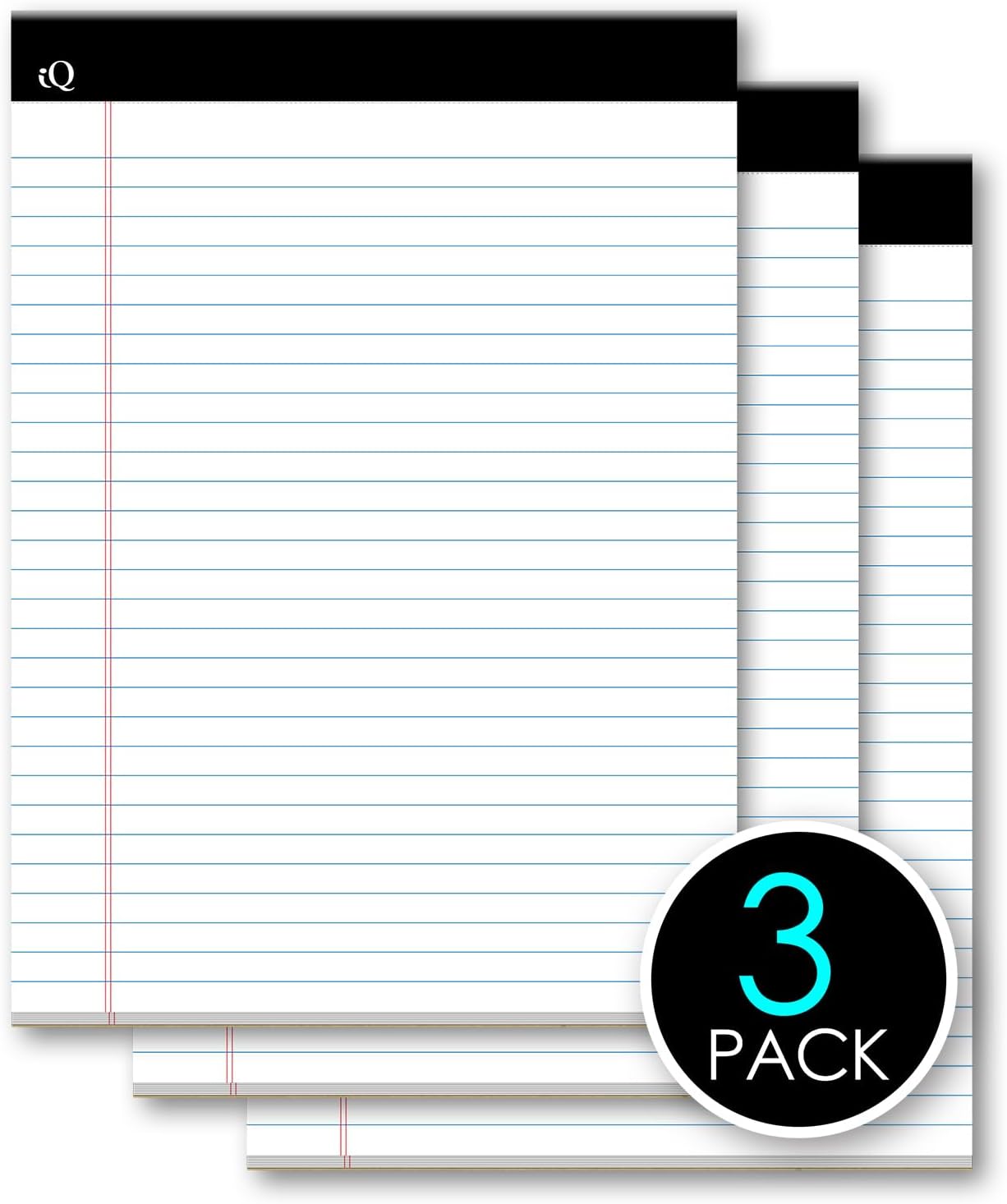 iScholar iQ Legal Pads, White, Wide Ruled, 8.5" x 11.75", 50 Sheets Per Pad, Pack of 3 Pads (68113)