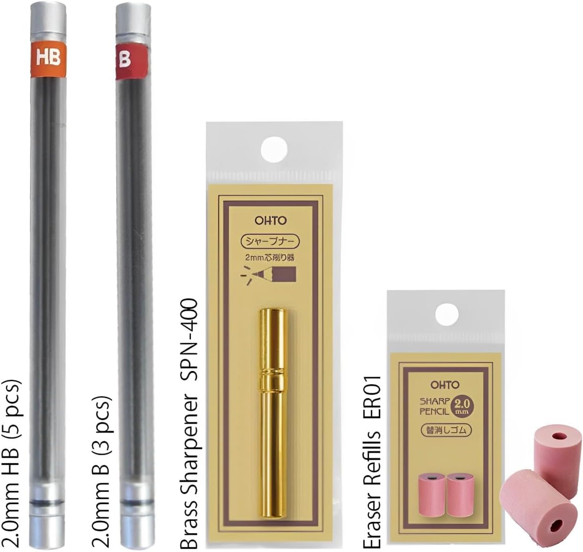 WN03 Wooden Mechanical Pencil Set, 2.0mm Extra Bold, Thick Barrel, Incense Cedar Dark Red Pencil with Lead Refills (HB, B), Eraser Refills, and Brass Sharpener for Writing, Sketching, Drawing