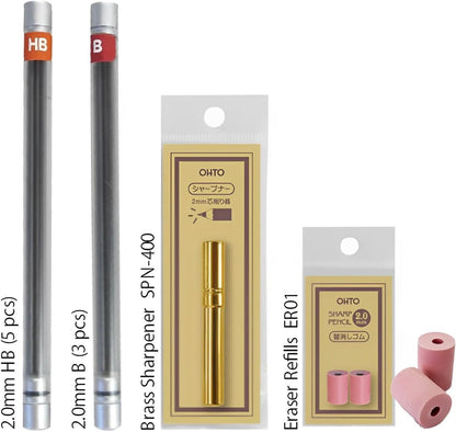 WN03 Wooden Mechanical Pencil Set, 2.0mm Extra Bold, Thick Barrel, Incense Cedar Dark Red Pencil with Lead Refills (HB, B), Eraser Refills, and Brass Sharpener for Writing, Sketching, Drawing