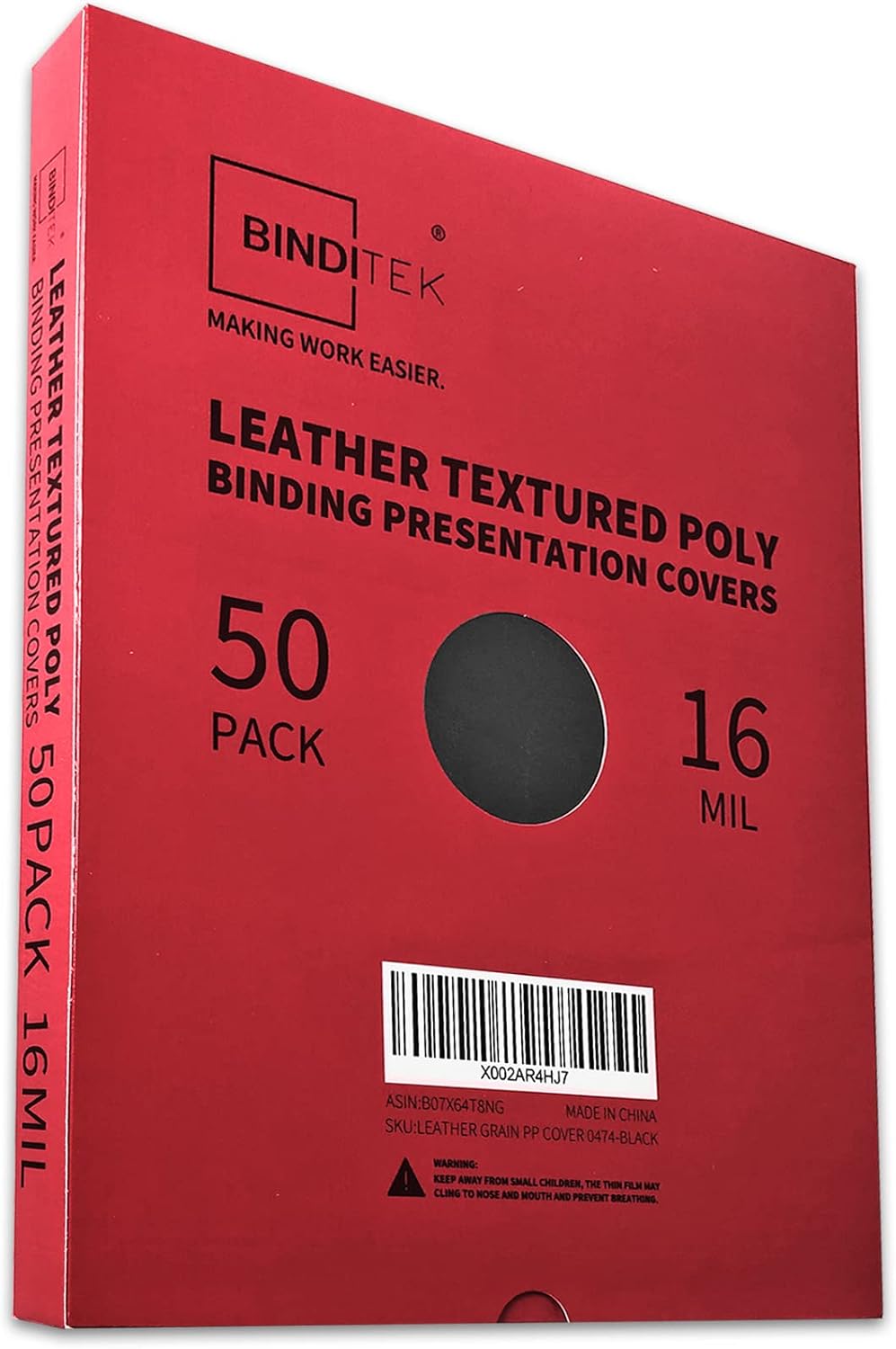 Binditek 100 Pack 16 Mil Leather-Textured Heavyduty Polycovers, Plastic Binding Presentation Covers, Letter Size, 8-1/2 x 11", Square Corners, Un-Punched, Black