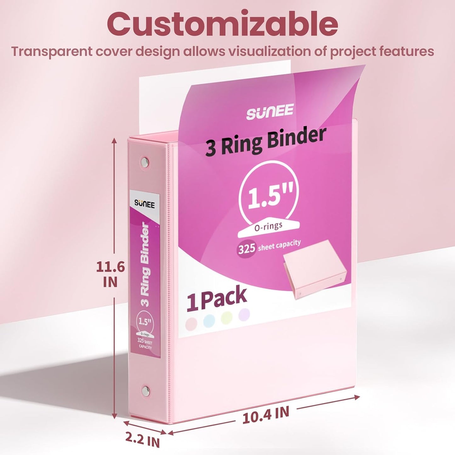SUNEE 3 Ring Binder 3 Inch 1 Pack, Clear View Binder Three Ring PVC-Free (Fit 8.5x11 Inches) for School or Office Supplies, Pink