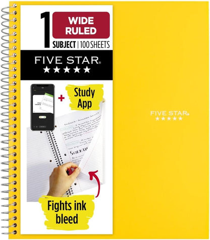 Five Star Spiral Notebook + Study App, 1 Subject, Wide Ruled Paper, 8" x 10-1/2", 100 Sheets, Fights Ink Bleed, Water Resistant Cover, Tidewater Blue (72875)