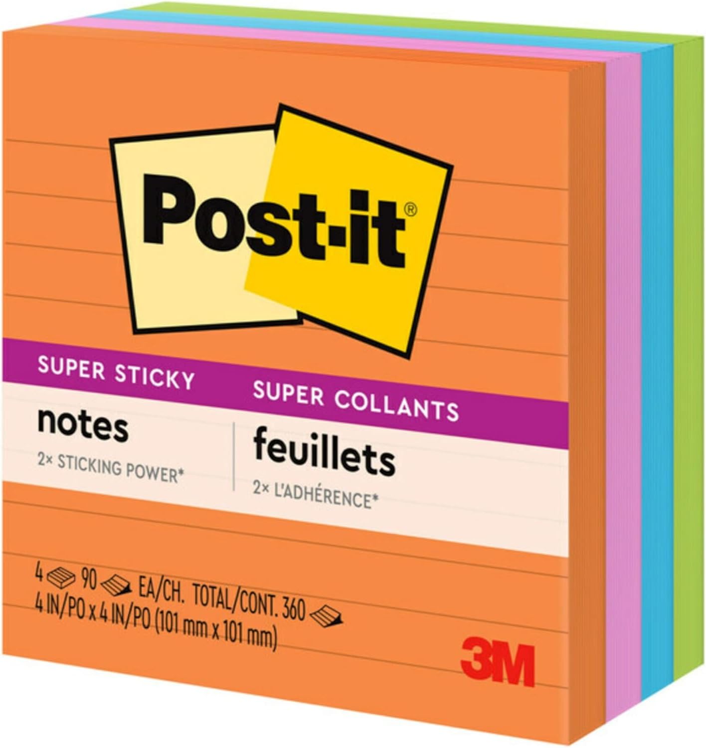 Post-it Super Sticky Notes, 4 Lined Sticky Note Pads, 4 x 4 in., School Supplies, Office Products, Sticky Notes for Vertical Surfaces, Monitors, Walls and Windows, Simply Serene Collection