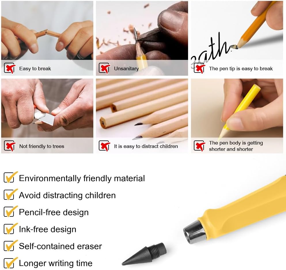 Ainiv Inkless Pencil with Eraser - 5 Sets Infinity Pencil, Reusable with Extra 5 Eraser & 5 Replaceable Nibs for Home, Office & School Writing, Drawing