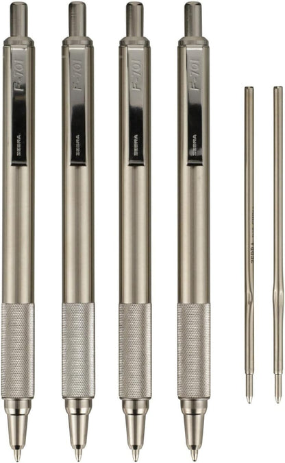 Zebra Pen F-701 Ballpoint Black Ink Fine Point 0.8mm Pen, Heavy Duty, Durable Stainless Steel Barrel, Knurled Grip, Silent Retractable Plunger, Ideal for Tactical Use, 3-Pack Plus 2 Refills (29412)