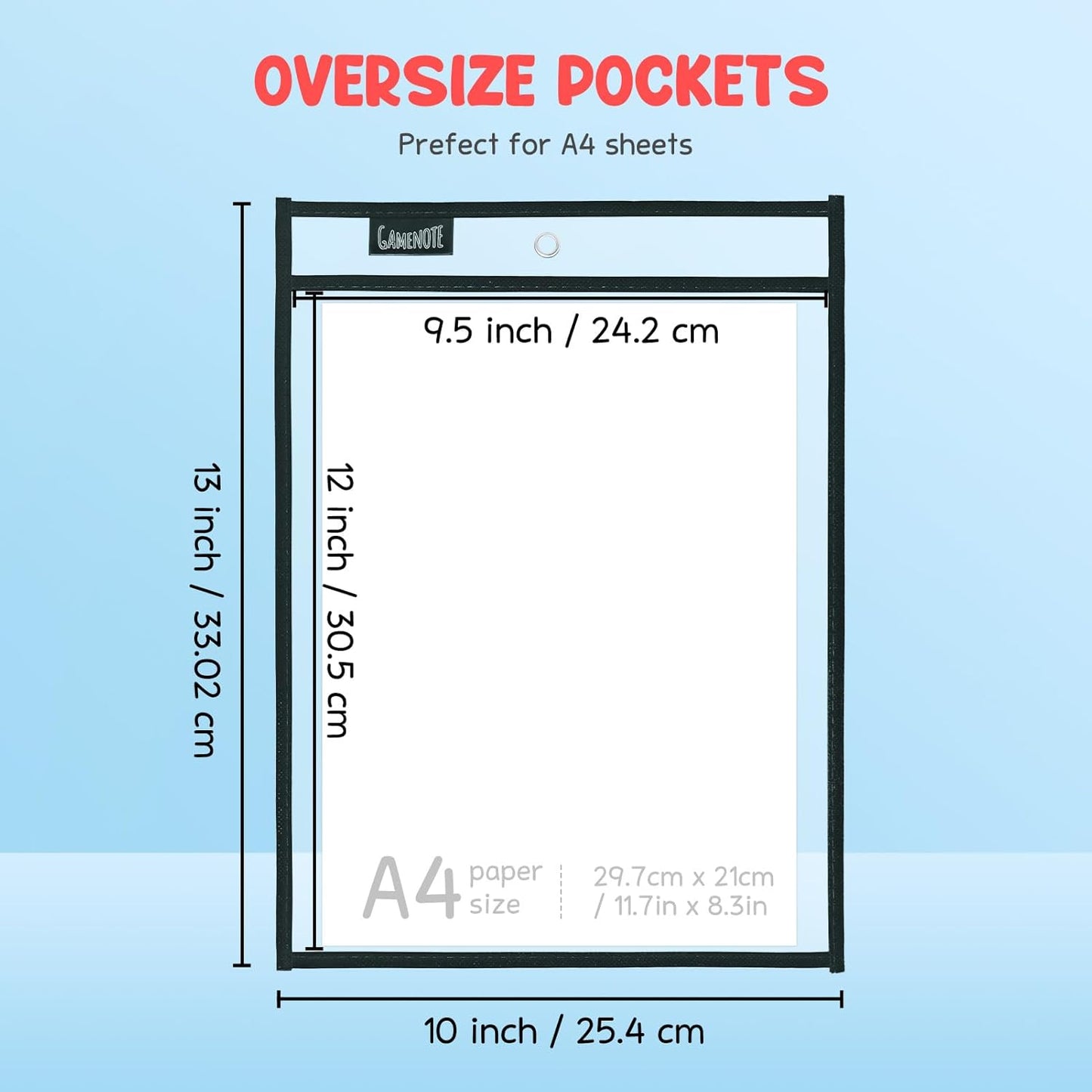 Gamenote Dry Erase Pockets 30 Pack with Rings, Oversized Reusable Plastic Sleeves Shop Job Ticket Holders Sheet Protectors Teacher Supplies Organization for Classroom Must Have, 10x14 Inches (Black)