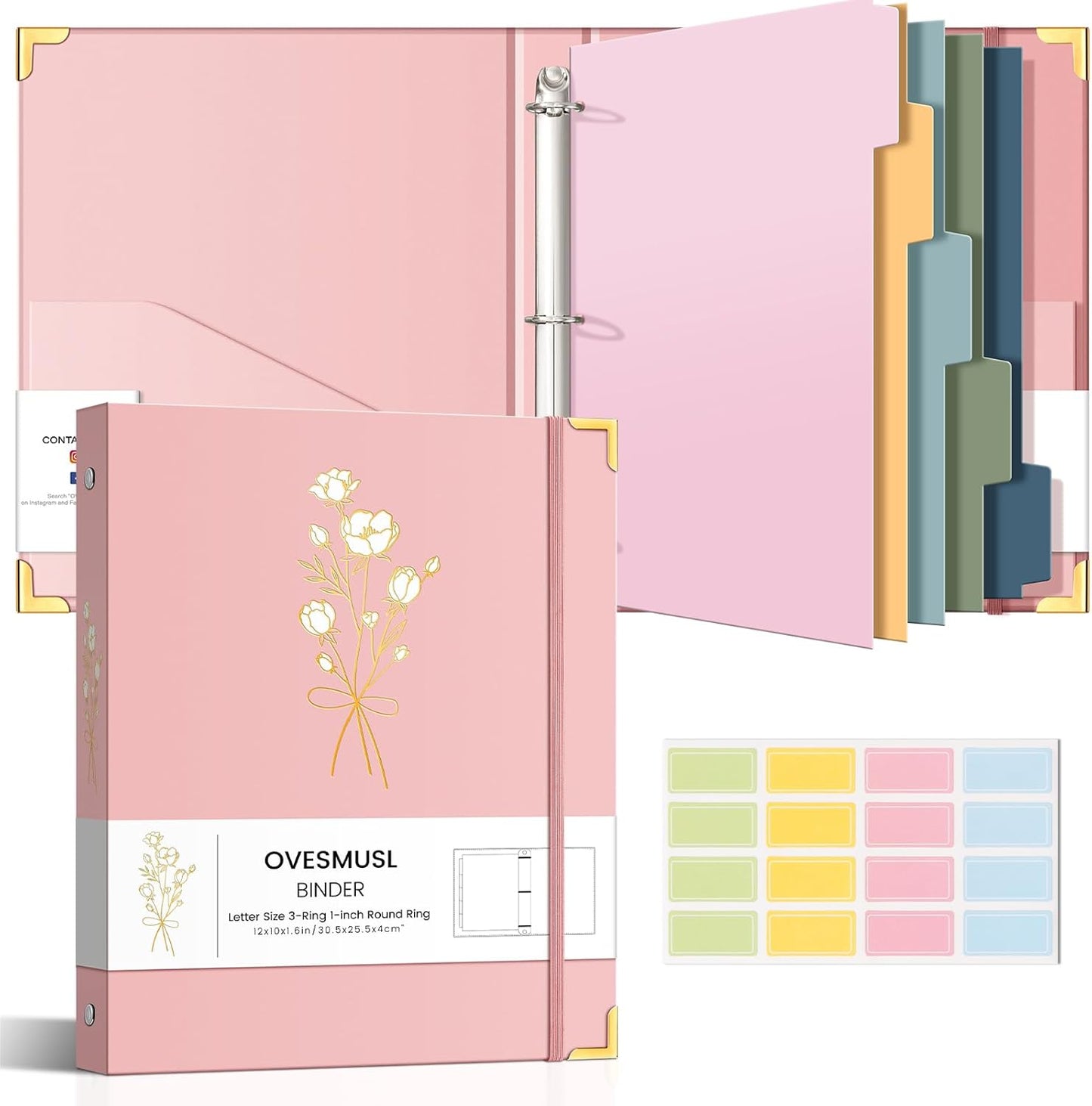 Aesthetic 3 Ring Binder 1 Inch Cute Three Round Rings Binders with Dividers Suitable for 8.5 x 11 Letter Size Paper Loose Leaf Binder with 2 Pockets for School Work