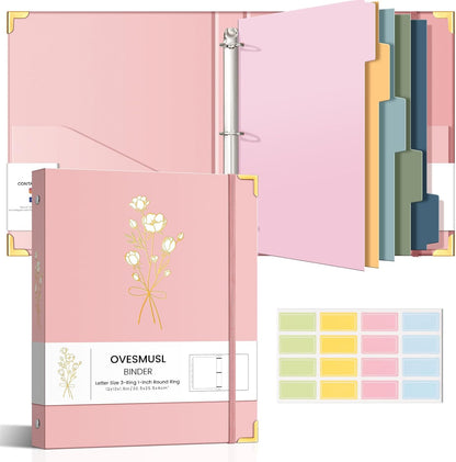 Aesthetic 3 Ring Binder 1 Inch Cute Three Round Rings Binders with Dividers Suitable for 8.5 x 11 Letter Size Paper Loose Leaf Binder with 2 Pockets for School Work
