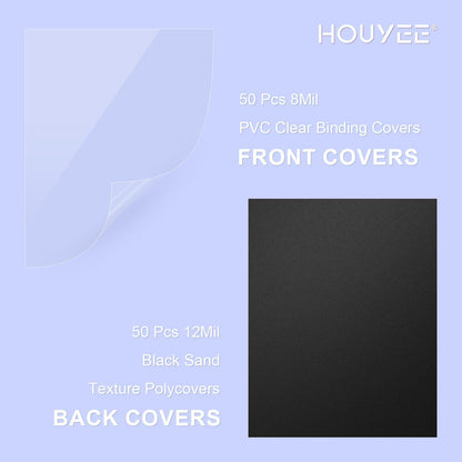 HOUYEE 120 Pack Binding Covers and Backs Set, 8.5x11 Inches, Including 60 Pcs 10 Mil Clear Binding Covers, 60 Pcs 12 Mil Black Plastic Sand Texture Polycovers, Letter Size
