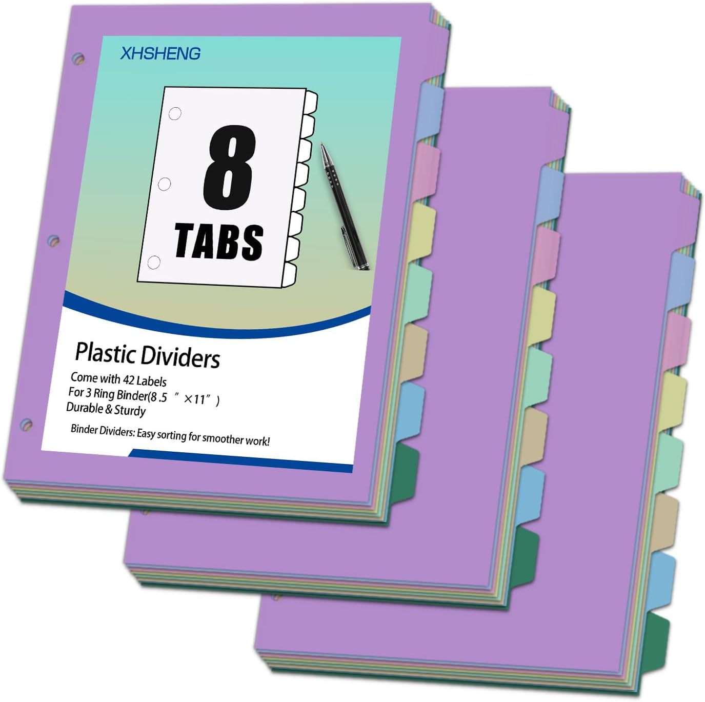 24Pcs/3 Sets Binder Dividers for 3 Ring Binder,8 Tab Binder Plastic Page dividers with Tab,8TAB Set,Multicolor