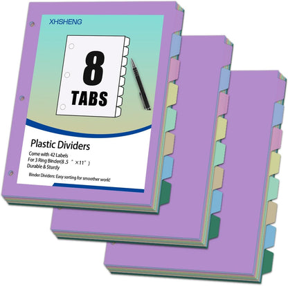 24Pcs/3 Sets Binder Dividers for 3 Ring Binder,8 Tab Binder Plastic Page dividers with Tab,8TAB Set,Multicolor